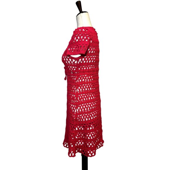 Vintage Handmade Red Crochet Dress Boho Festival Summer Beach Cover Up Short Sle - Picture 3 of 5